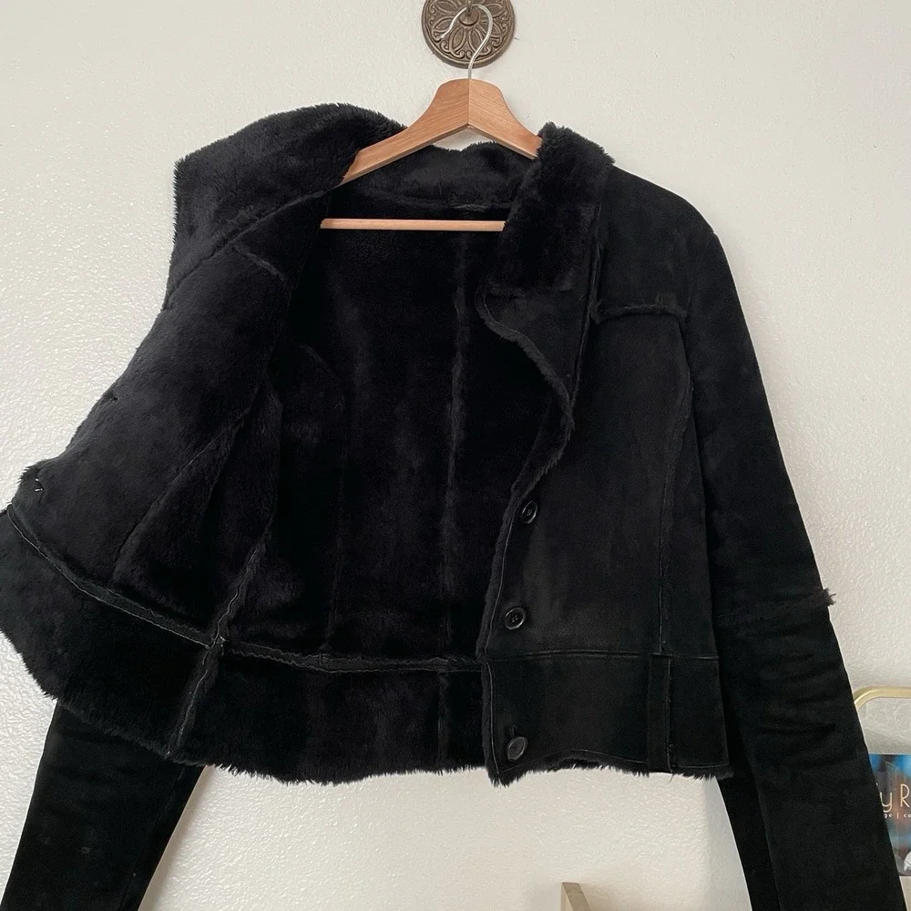 Vintage H&M Women's Genuine Leather Suede Faux Shearling‎ Coat Jacket Black - Picture 7 of 9